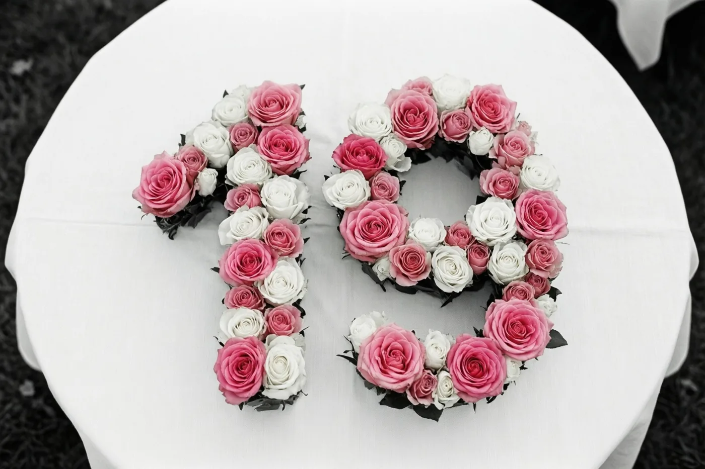 Roze en witte rozen vormen 19 op een wit tafelkleed, recht van bovenaf gezien.
