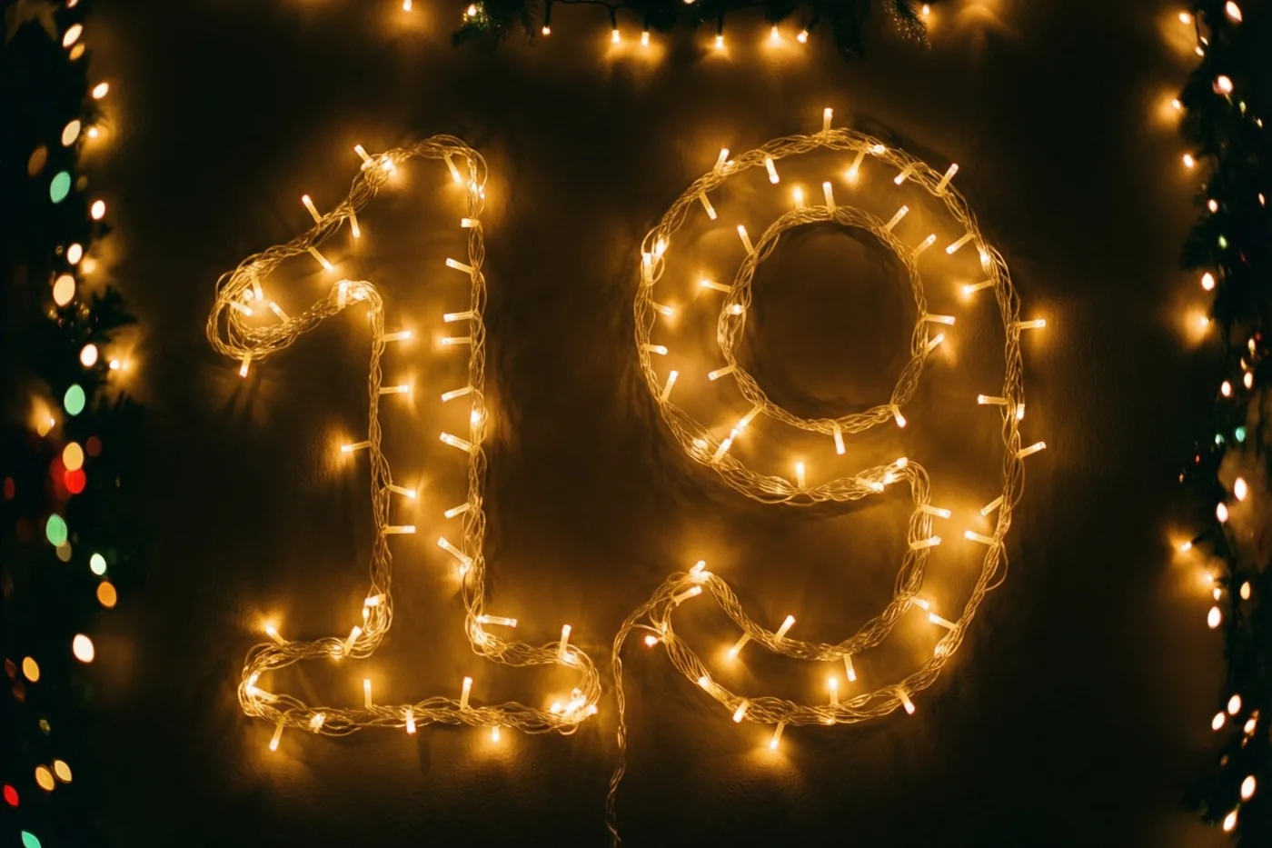 Warme lichtjes vormen 19 op een donkere muur, met onscherpe feestverlichting op de achtergrond.