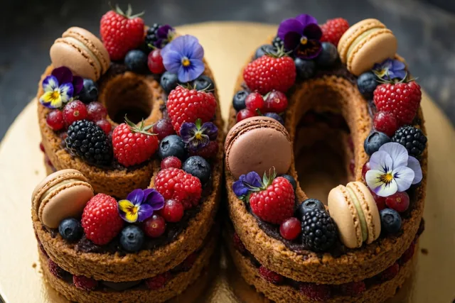 Een taart met twee lagen in de vorm van 90 ligt op een gouden schaal en is versierd met frambozen, blauwe bessen, bramen, macarons en eetbare bloemen tegen een donkere achtergrond.