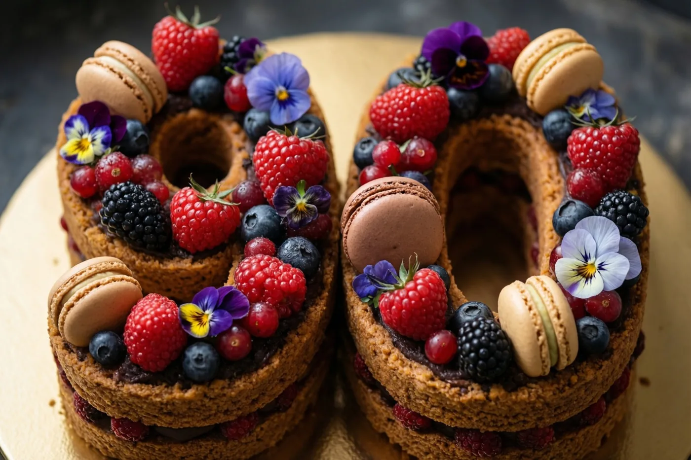 Een taart met twee lagen in de vorm van 90 ligt op een gouden schaal en is versierd met frambozen, blauwe bessen, bramen, macarons en eetbare bloemen tegen een donkere achtergrond.