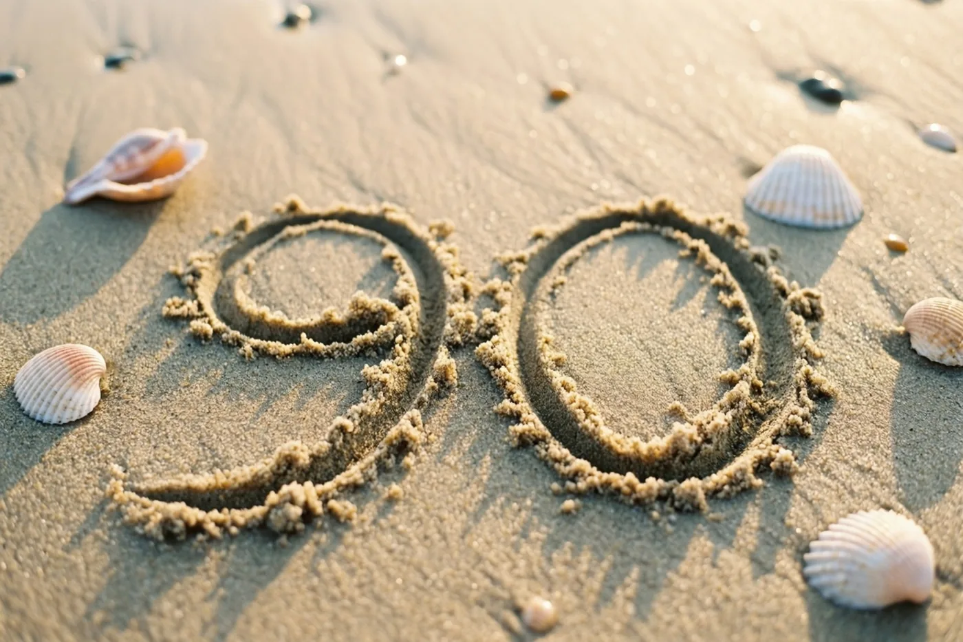 Het getal 90 is in het strandzand getekend en omringd door schelpen in warm, goudkleurig licht van de ondergaande zon.