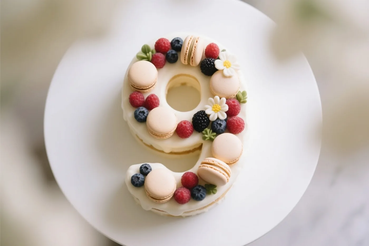 Een taart in de vorm van een 9, versierd met frambozen, blauwe bessen, bramen, macarons en eetbare witte bloemen, ligt op een wit bord tegen een lichte, onscherpe achtergrond.