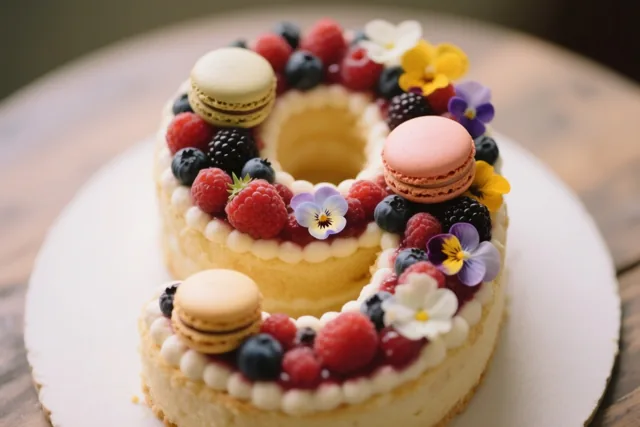 Een taart in de vorm van een 9 met frambozen, blauwe bessen, bramen, macarons en eetbare bloemen ligt op een wit bord op een houten oppervlak.