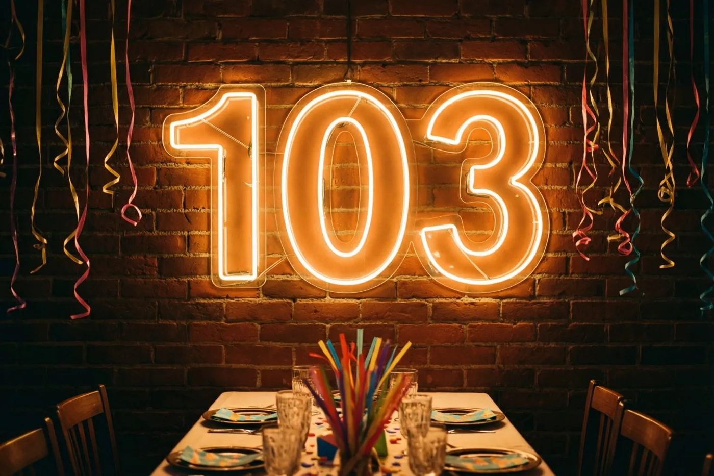 Een neonbord met 103 licht warm op aan een bakstenen muur boven een gedekte feesttafel, met kleurrijke slingers aan het plafond.