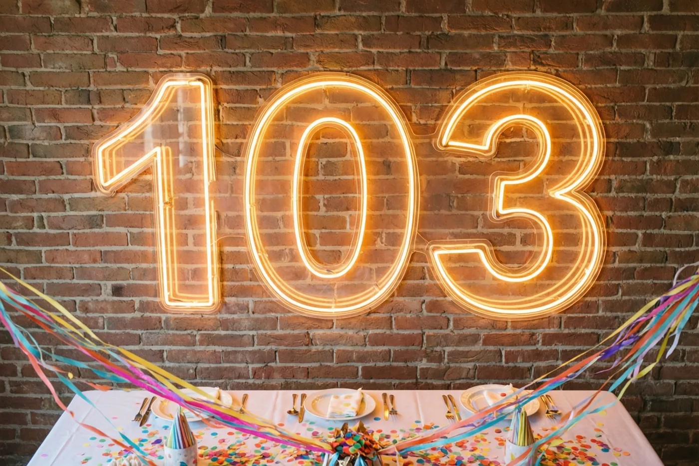 Een warm oplichtende neonreclame met 103 hangt aan een rode bakstenen muur boven een feesttafel met kleurrijke slingers en confetti.