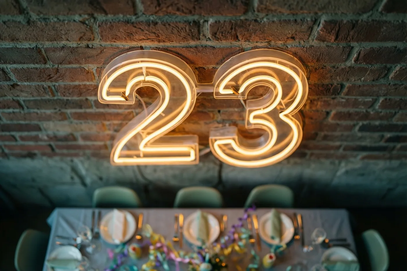 Een neonbord met 23 verlicht een bakstenen muur boven een feestelijk gedekte tafel in rode en grijze tinten.