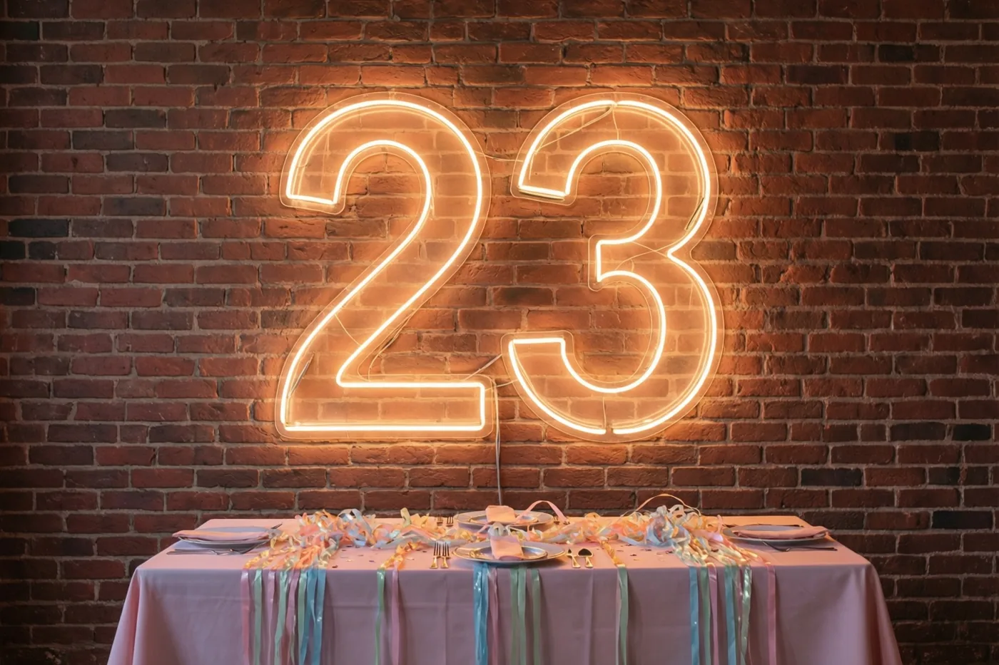 Een groot neonbord met 23 hangt boven een gedekte tafel met een lichtroze tafelkleed en kleurrijke slingers tegen een rode bakstenen muur.