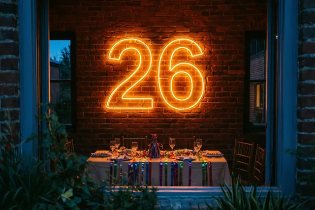 Een neonbord met 26 hangt aan een bakstenen muur boven een versierde feesttafel, met warme oranje en rode tinten tegen een koele blauwe nachtelijke omgeving.