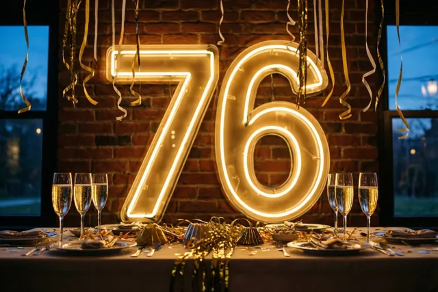 Een feesttafel met champagneglazen en slingers staat onder grote neongetallen 76 aan een bakstenen muur, in warm goudkleurig licht.