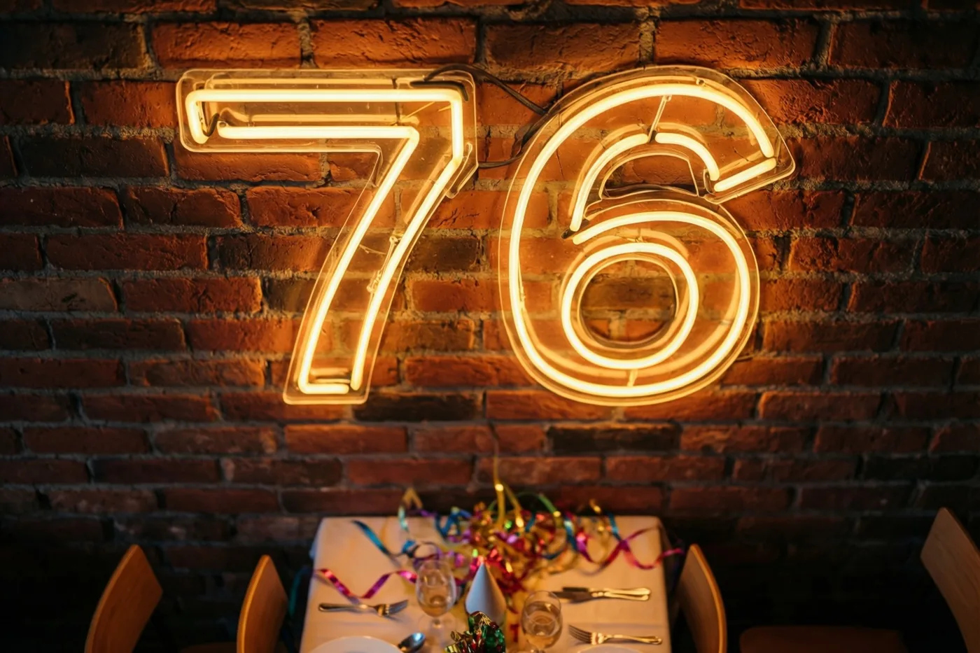 Een warm gloeiend neongetal 76 hangt aan een rode bakstenen muur boven een feestelijk gedekte tafel en verspreidt goudkleurig licht.