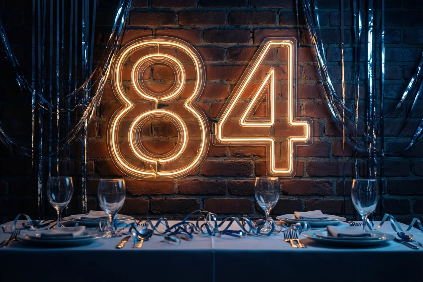 Een warm neonlicht in de vorm van 84 hangt aan een bakstenen muur boven een gedekte feesttafel met blauwe slingers.