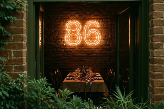 Een warm verlichte neon-86 hangt aan een bakstenen muur boven een gedekte feesttafel, omlijst door een deuropening en groen.