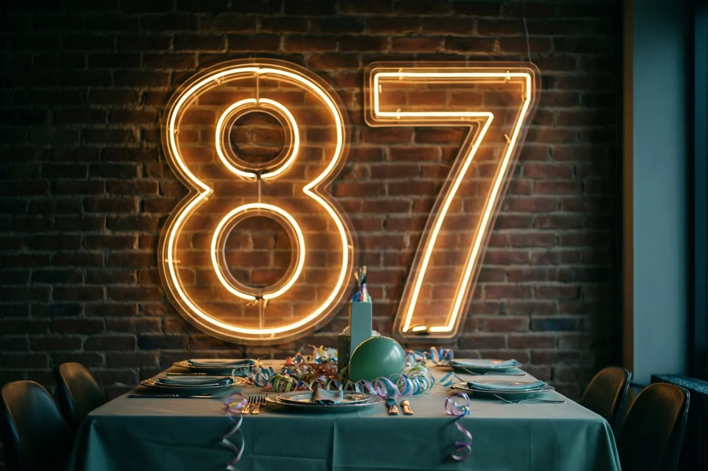 Een groot neongetal 87 hangt aan een bakstenen muur boven een feesttafel met slingers, in oranje, blauwgroene en roodbruine tinten.