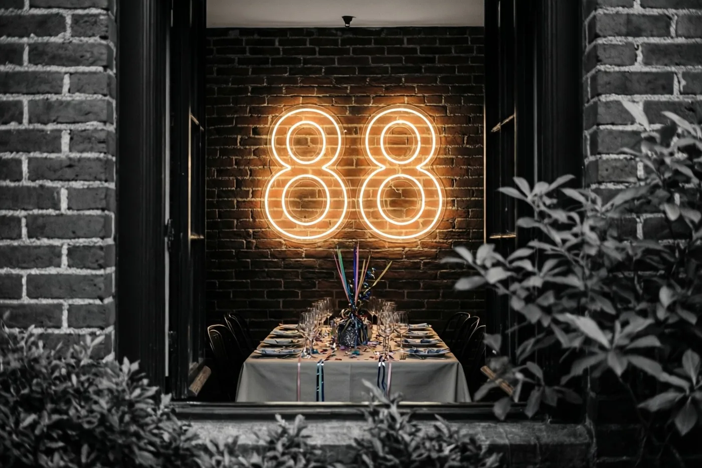 Een warm neongetal 88 hangt boven een feestelijk gedekte tafel aan een bakstenen muur, gezien door een open deuropening met gebladerte eromheen.