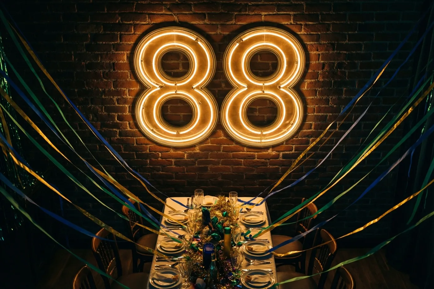 Een groot neongetal 88 hangt aan een bakstenen muur boven een feesttafel, met kleurrijke slingers en warm goudkleurig licht.