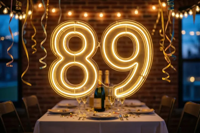 Een groot neongetal 89 hangt aan een bakstenen muur boven een feestelijk gedekte tafel met lichtslingers en kleurrijke slingers.