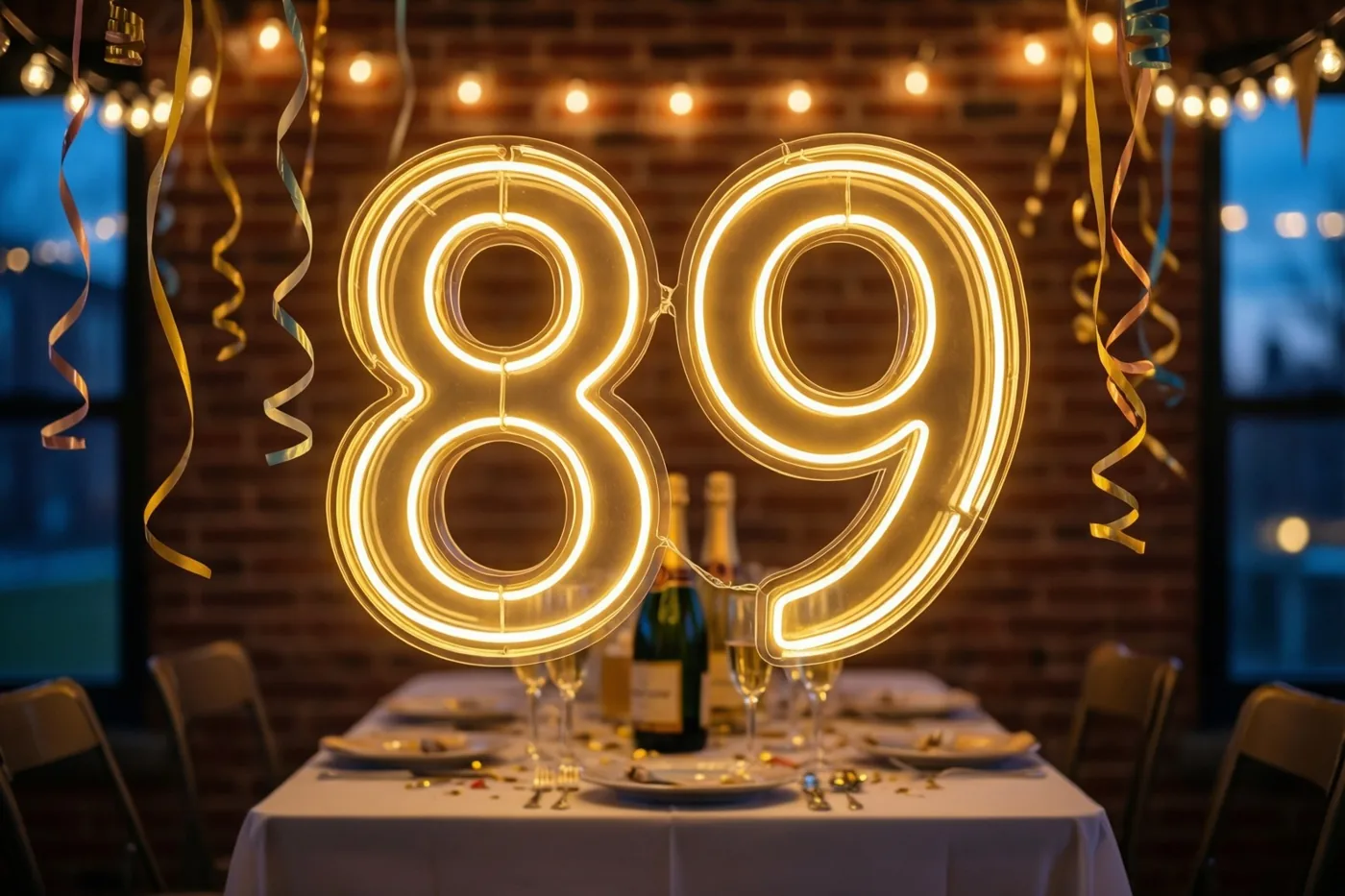 Een groot neongetal 89 hangt aan een bakstenen muur boven een feestelijk gedekte tafel met lichtslingers en kleurrijke slingers.