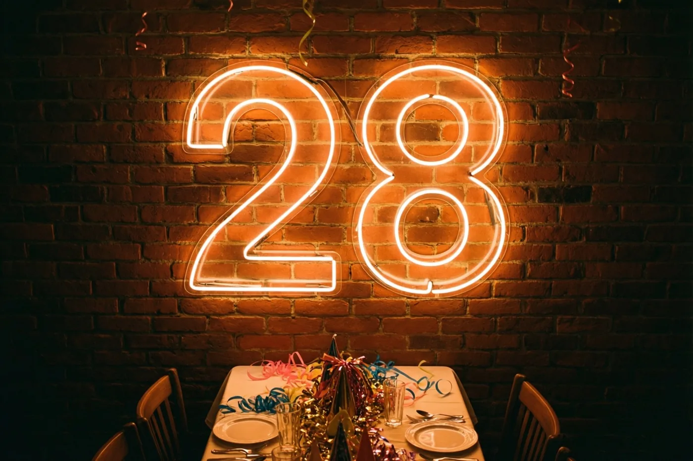 Een neonlicht in de vorm van 28 hangt aan een bakstenen muur boven een feesttafel met kleurrijke slingers en servies.