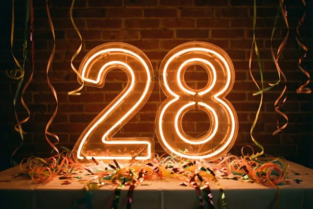 Een lichtgevend neongetal 28 hangt aan een bakstenen muur boven een tafel met kleurrijke slingers in warm oranje en geel licht.