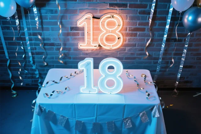 Een lichtgevende 18 van neon hangt aan een bakstenen muur boven een tafel met een blauw kleed, tussen slingers en ballonnen.