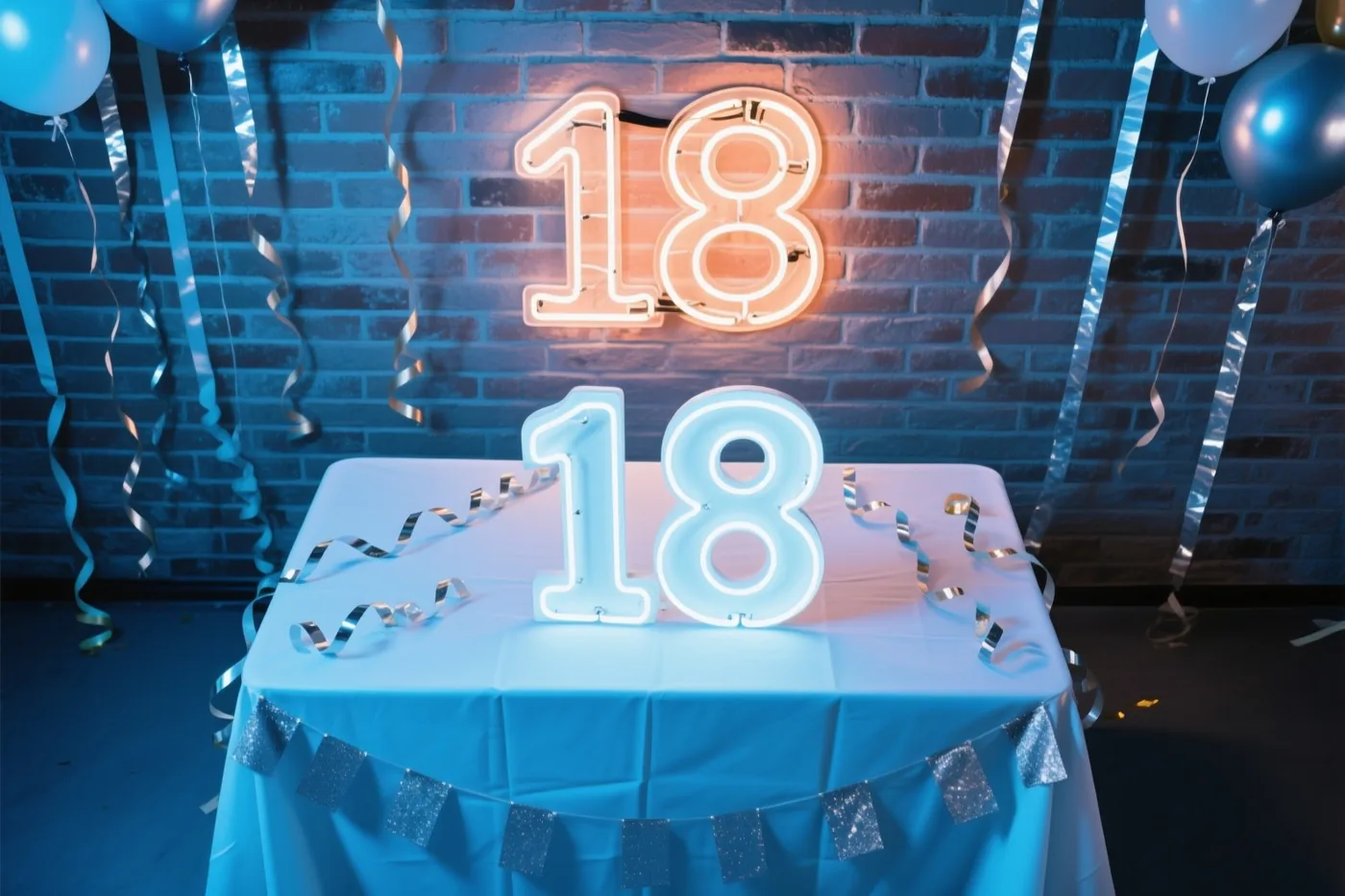 Een lichtgevende 18 van neon hangt aan een bakstenen muur boven een tafel met een blauw kleed, tussen slingers en ballonnen.
