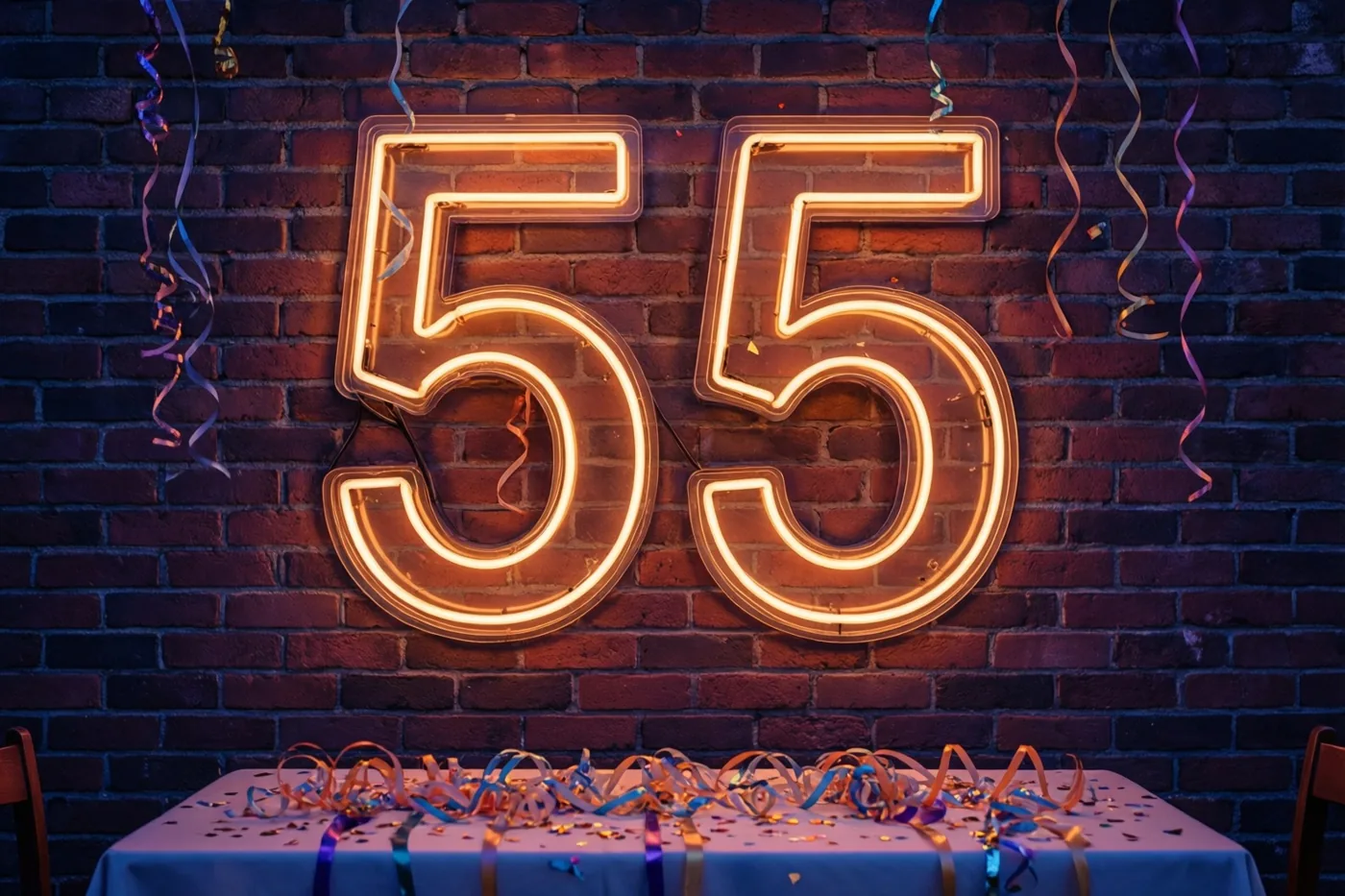 Een oranje neongetal 55 verlicht een donkere bakstenen muur boven een tafel met een lichtblauw tafelkleed, kleurrijke slingers en confetti.