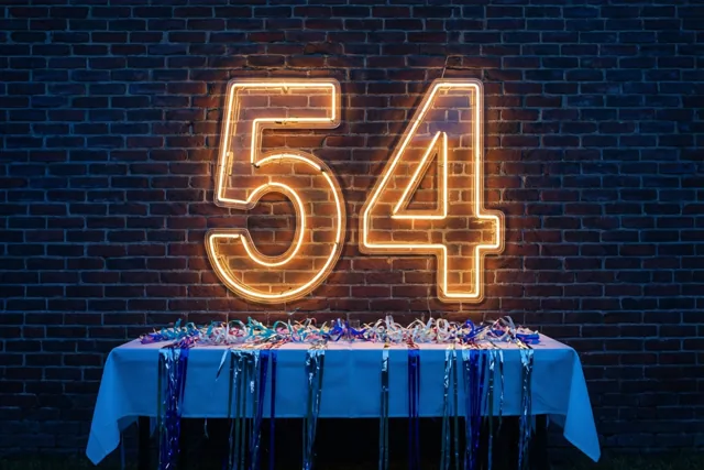 Oranje neonlicht vormt het getal 54 op een donkere bakstenen muur boven een feesttafel met een blauw tafelkleed en kleurrijke slingers.