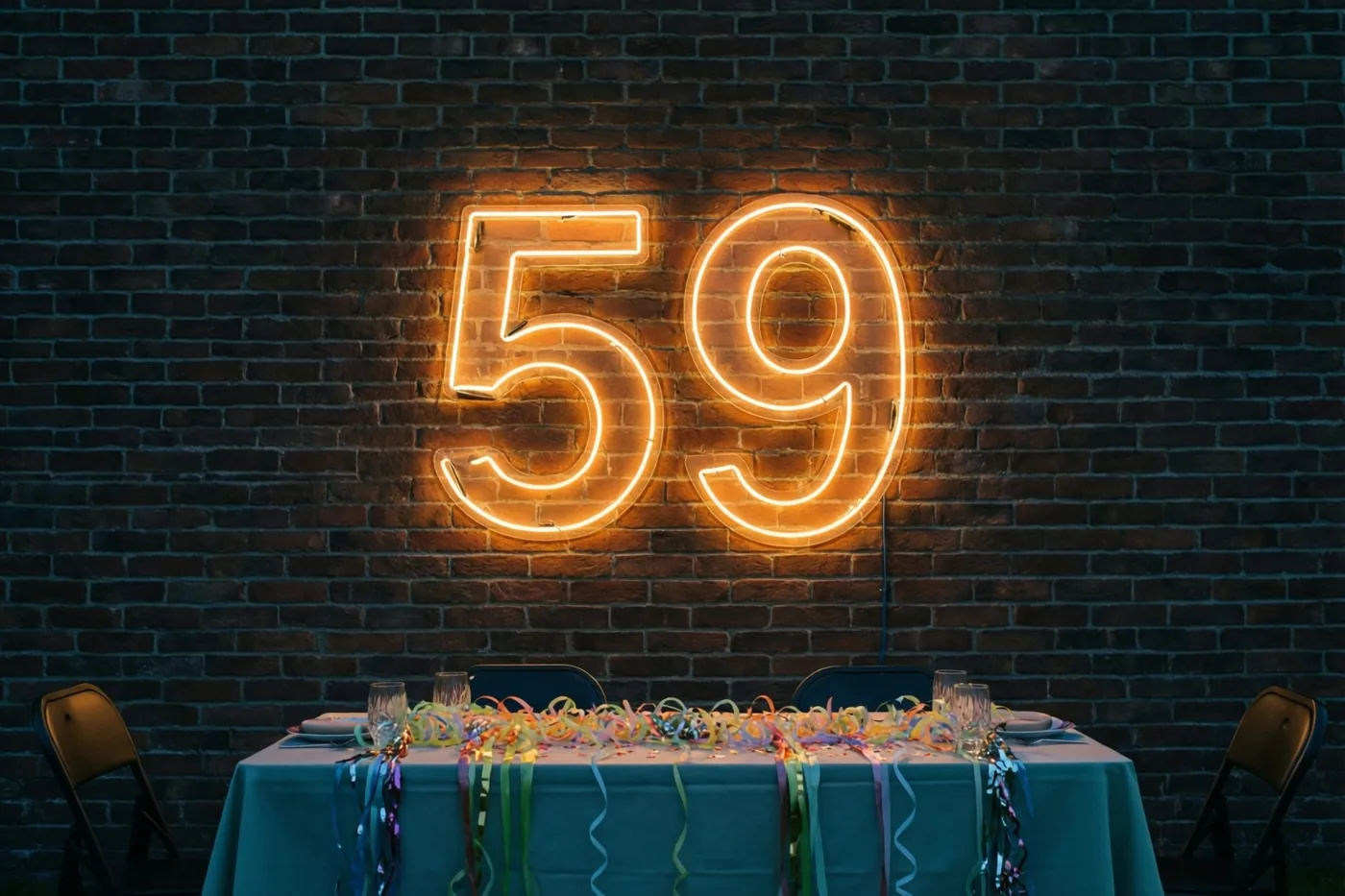 Een warm neongetal 59 hangt aan een donkere bakstenen muur boven een tafel met een blauwgroen tafelkleed en gekleurde slingers.