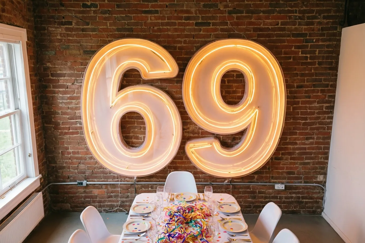Een groot verlicht neongetal 69 hangt aan een rode bakstenen muur boven een feesttafel met borden, glazen en kleurrijke slingers.