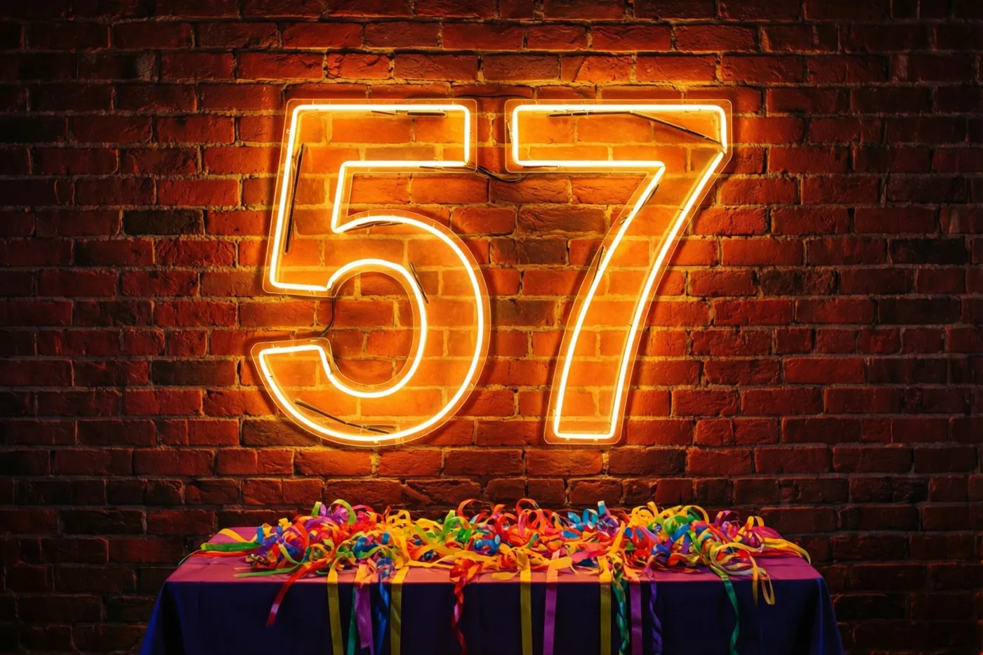 Een gloeiend neonbord met 57 hangt aan een rode bakstenen muur boven een tafel met een paars kleed en kleurrijke slingers.