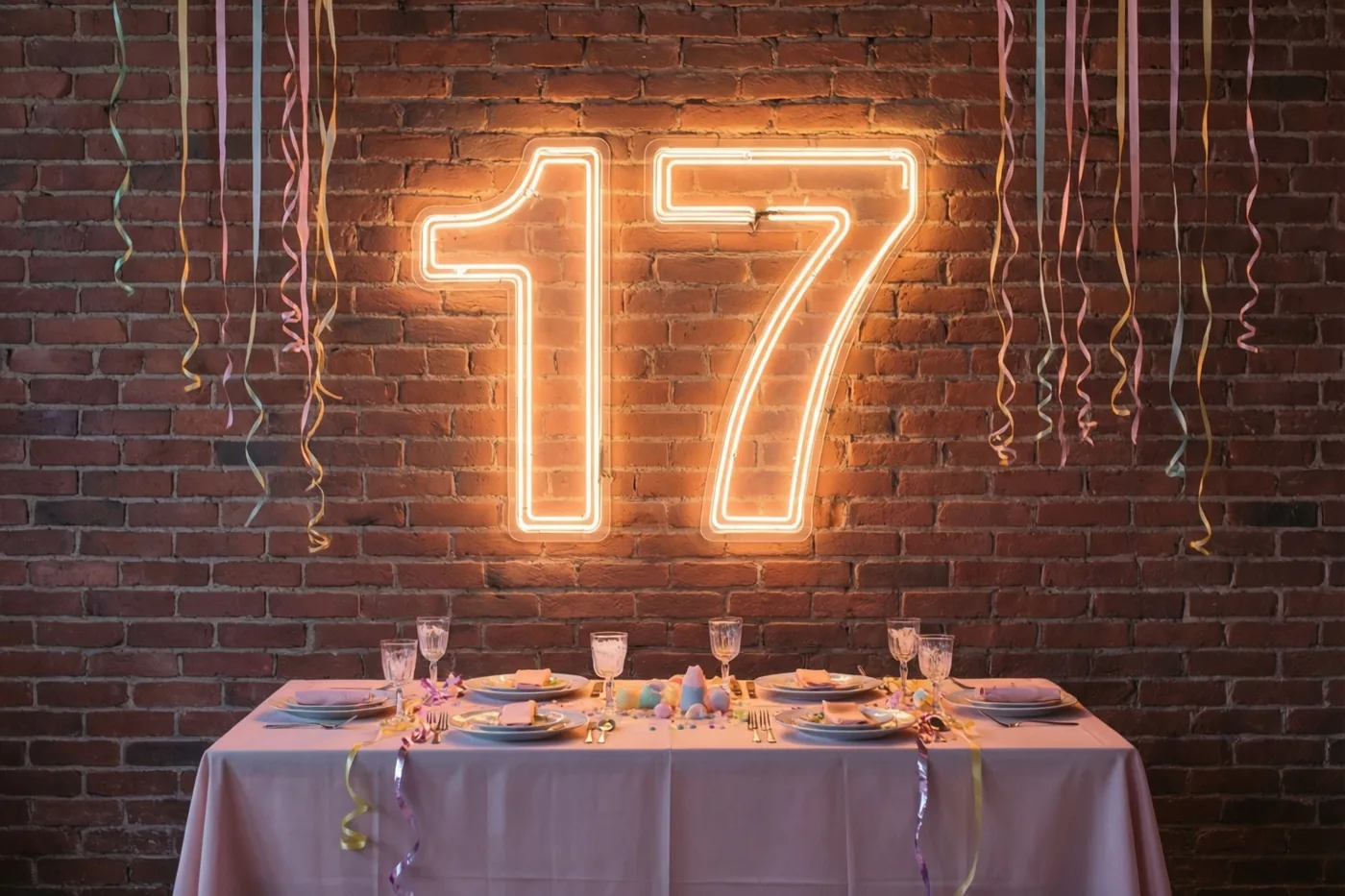 Een feesttafel met slingers staat voor een bakstenen muur met een groot neongetal 17 in warm roze, oranje en geel licht.