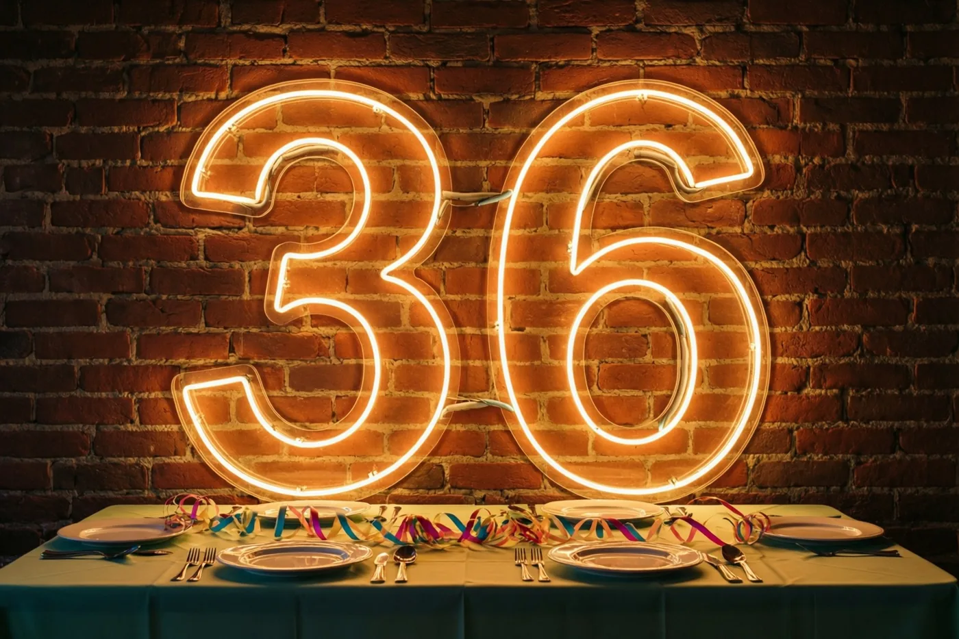 Een groot neonbord met het getal 36 hangt boven een gedekte feesttafel met kleurrijke slingers en borden tegen een rode bakstenen muur.
