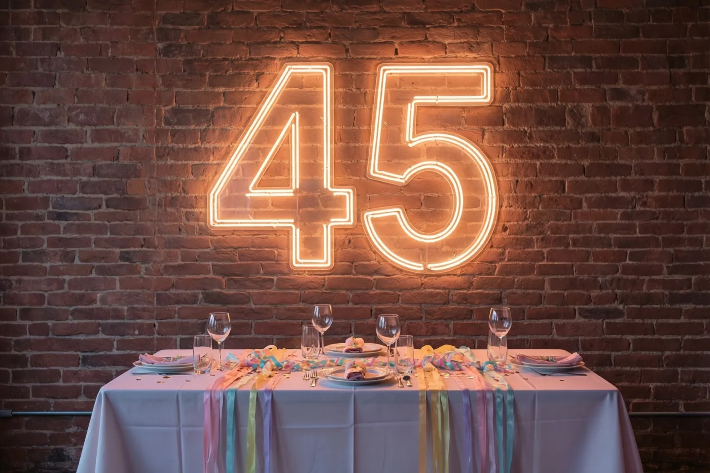 Boven een feesttafel met serpentines hangt een groot neongetal 45 aan een bakstenen muur in warm oranje en roze licht.