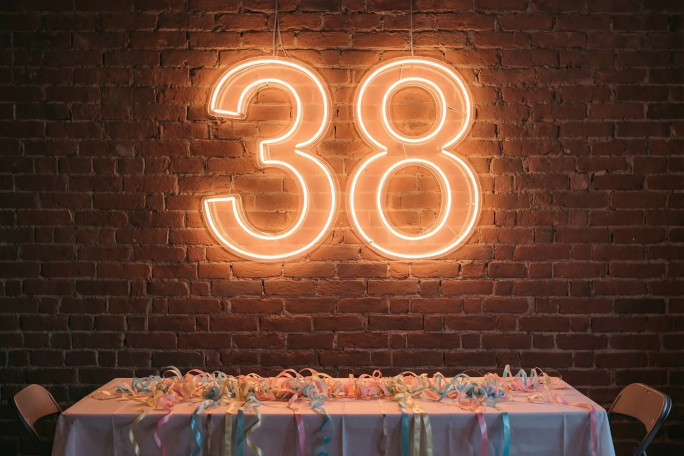 Een neonbord met 38 hangt op een rode bakstenen muur boven een tafel met een wit kleed en kleurrijke slingers in warm licht.