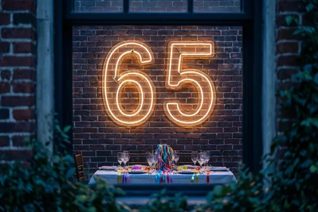 Een warm verlicht neongetal 65 hangt aan een bakstenen muur boven een tafel met een wit tafelkleed, kleurrijke slingers en glazen, omlijst door groen.