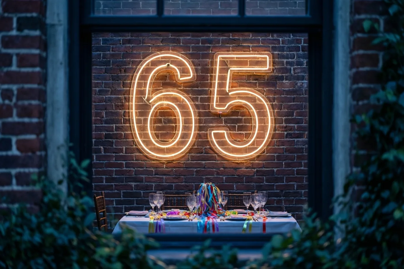 Een warm verlicht neongetal 65 hangt aan een bakstenen muur boven een tafel met een wit tafelkleed, kleurrijke slingers en glazen, omlijst door groen.