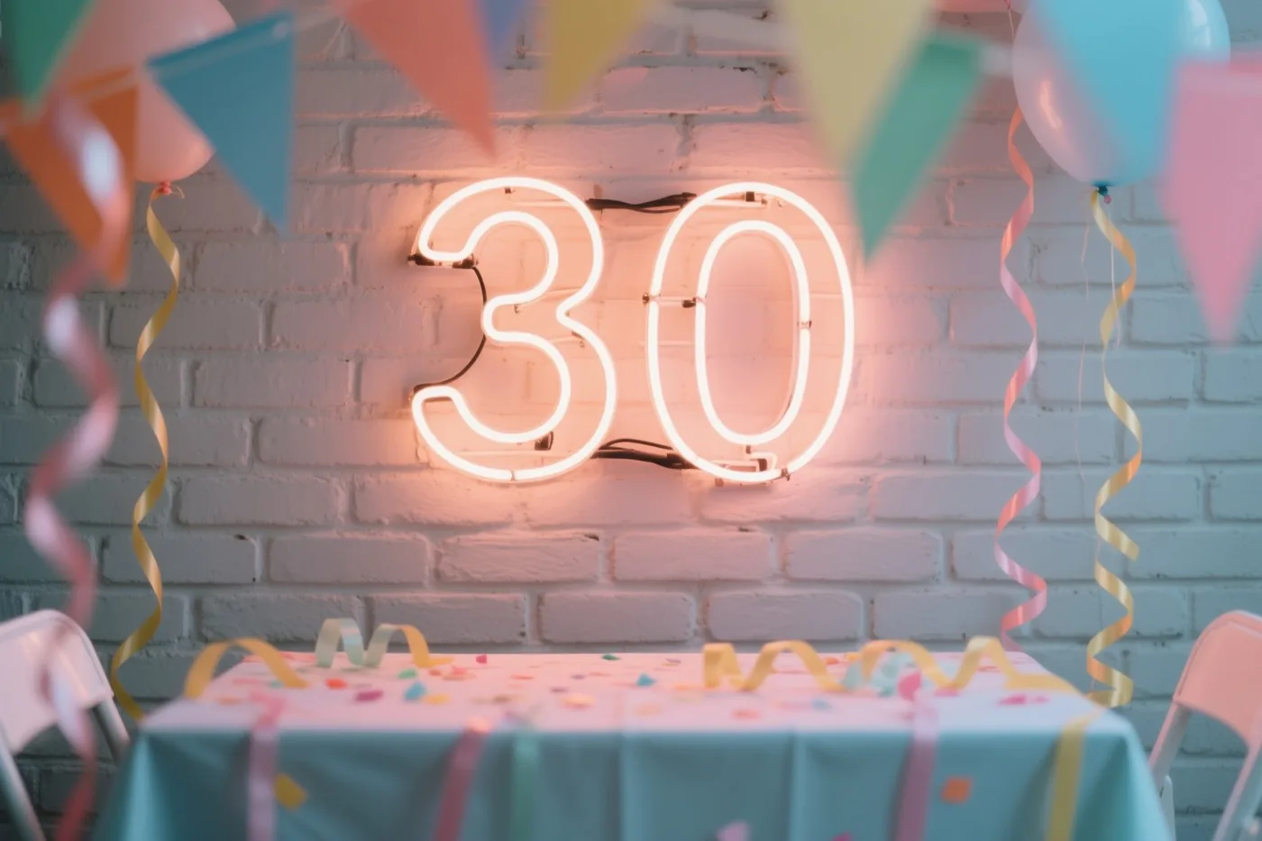 Een lichtgevend neongetal 30 hangt aan een witte bakstenen muur boven een feesttafel met confetti en serpentines, omringd door kleurrijke ballonnen en vlaggetjes.
