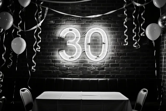 Een zwart-witfoto toont een lichtgevend neongetal 30 aan een bakstenen muur boven een feesttafel met ballonnen en serpentines.