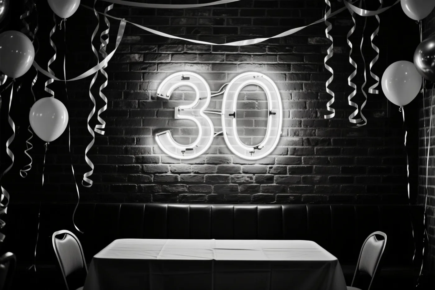 Een zwart-witfoto toont een lichtgevend neongetal 30 aan een bakstenen muur boven een feesttafel met ballonnen en serpentines.