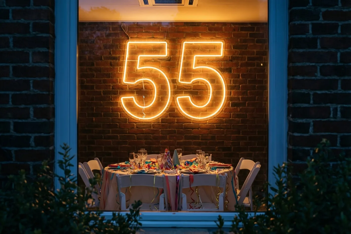 Door een raam is een bakstenen muur met een lichtgevend neongetal 55 boven een versierde feesttafel te zien, in warme oranje en gele tinten.