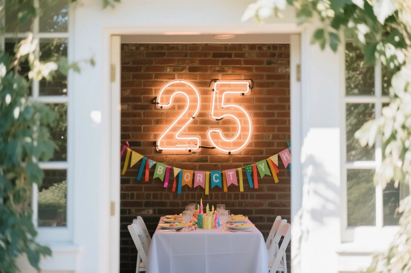 Een warm neonlicht met 25 hangt aan een bakstenen muur boven een versierde feesttafel, gezien door een witte deuropening met groene bladeren aan weerszijden.