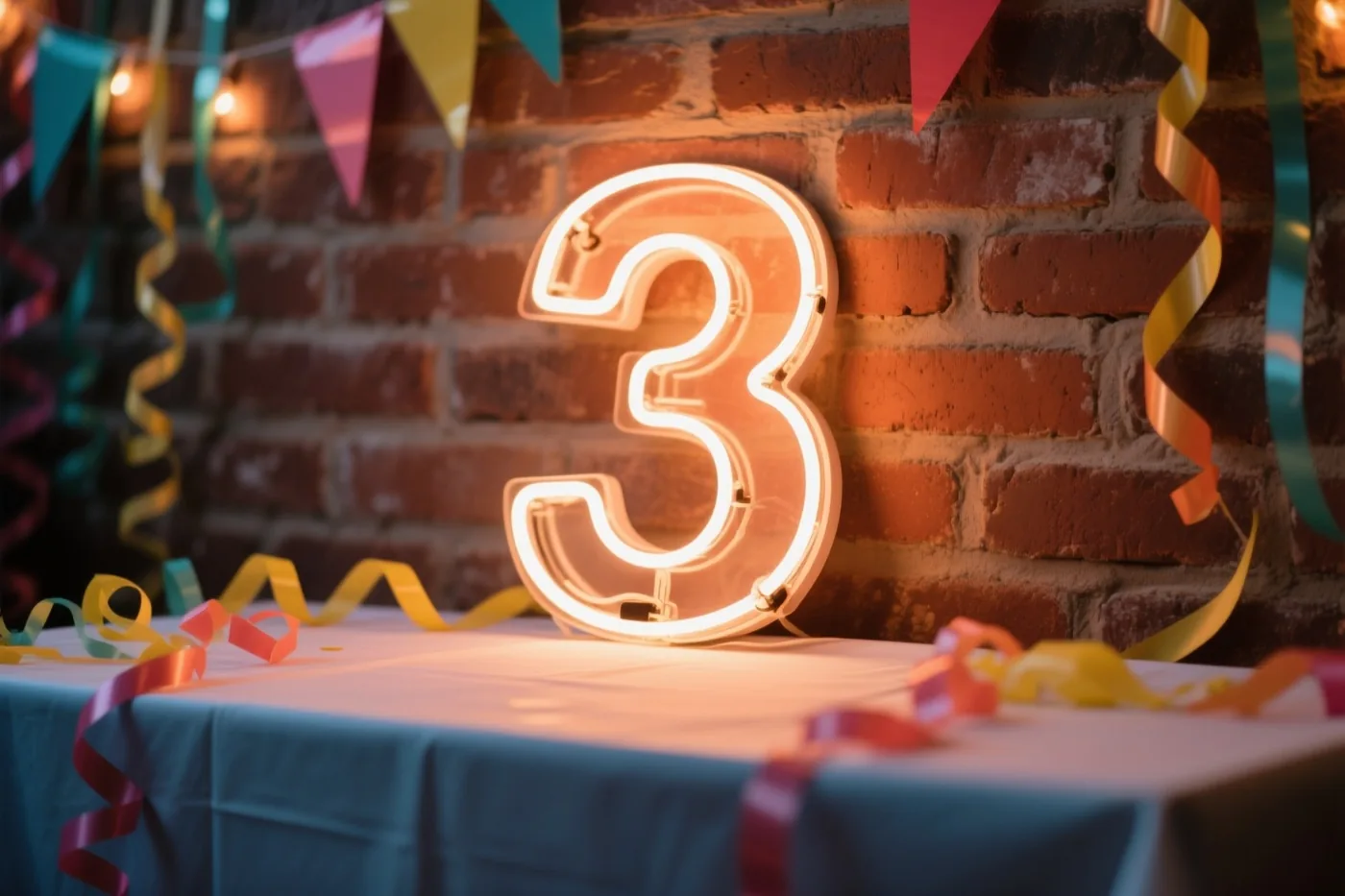 Een lichtgevende neon-3 hangt aan een bakstenen muur boven een tafel met een blauw tafelkleed en kleurrijke slingers, in warm licht.