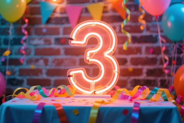 Een lichtgevende neon-3 staat midden op een tafel met slingers en confetti, voor een bakstenen muur met ballonnen en vlaggetjes.