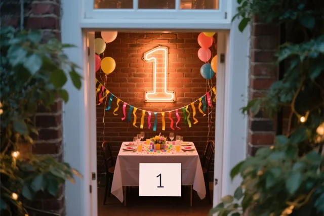 Een grote neonverlichte 1 hangt aan een bakstenen muur boven een feesttafel, met ballonnen en slingers in warm licht.