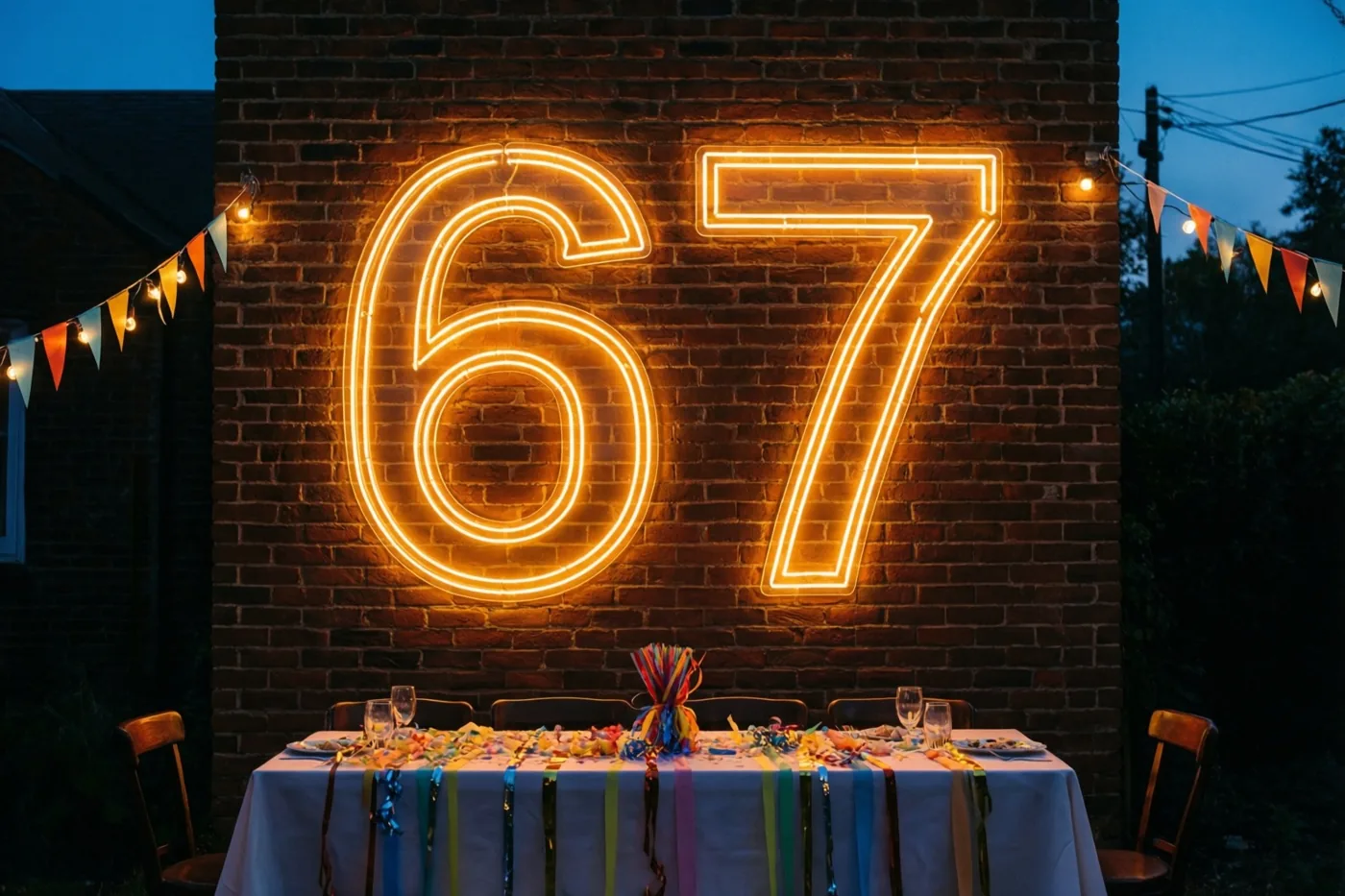 Een neongetal 67 hangt boven een versierde feesttafel tegen een bakstenen buitenmuur, met lichtslingers en vlaggetjes in de schemering.