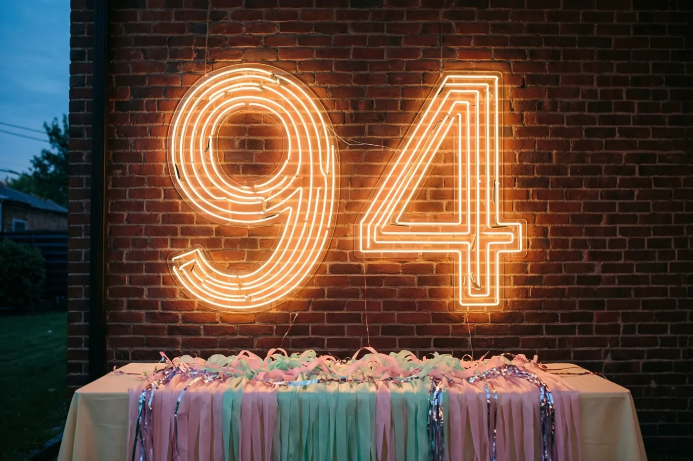 Een warm neongetal 94 hangt aan een rode bakstenen muur boven een feesttafel met pastelroze en mintgroene slingers en zilveren glitterslingers.