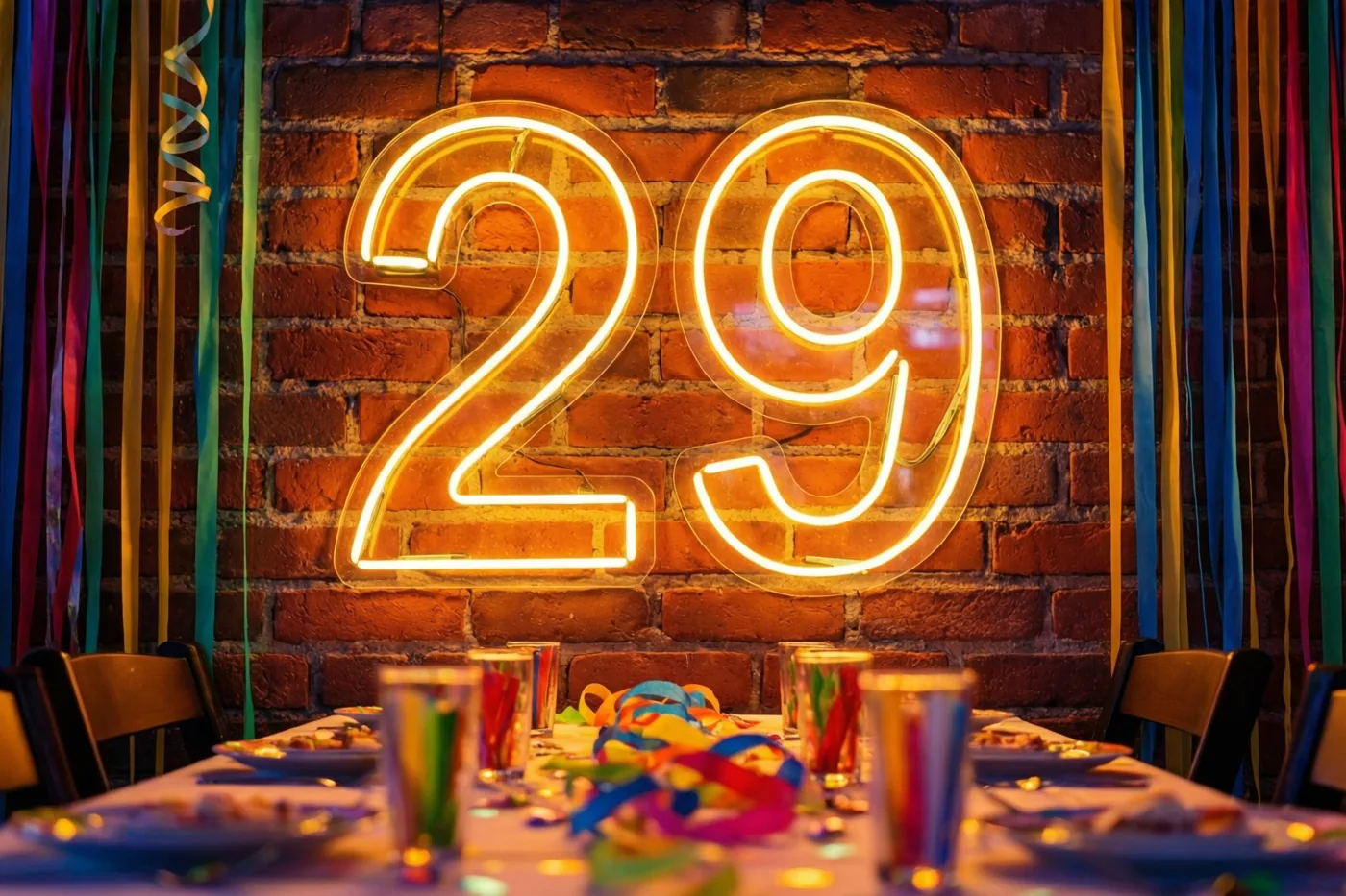 Een lichtgevend neongetal 29 hangt aan een rode bakstenen muur boven een feesttafel met kleurrijke slingers en feestelijk servies.