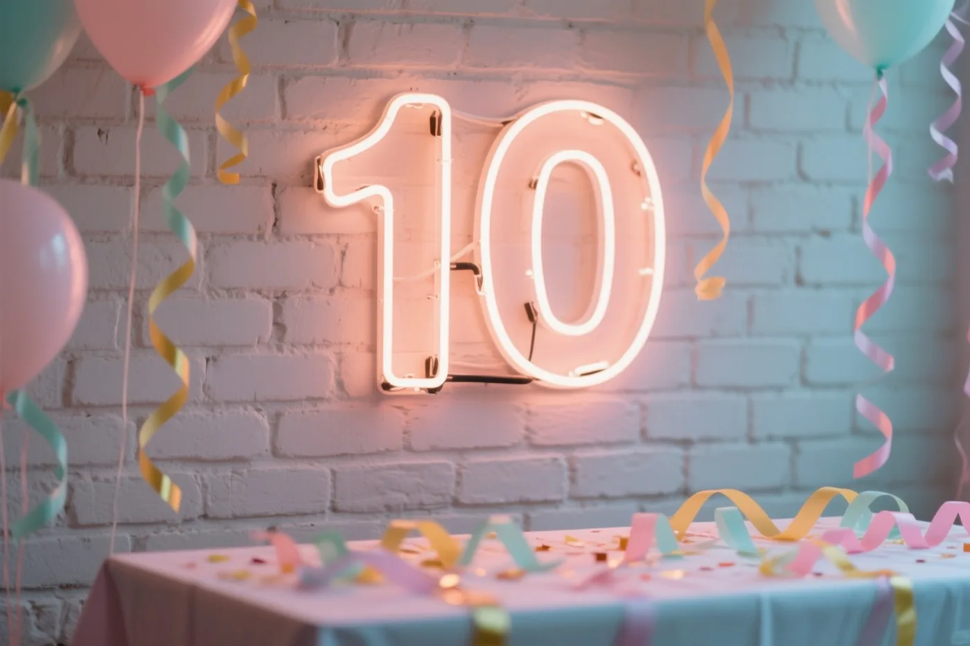 Een lichtgevend neongetal 10 hangt aan een witte bakstenen muur boven een feesttafel met slingers, omringd door ballonnen en slingers in pastelroze, blauw en geel.