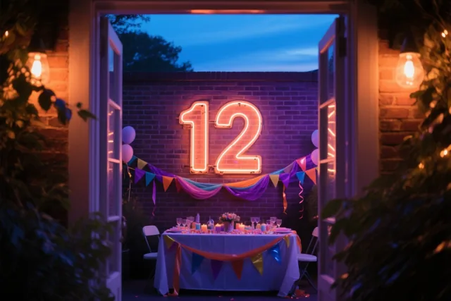 Door een open deuropening is een grote neonversiering met het getal 12 te zien aan een bakstenen muur boven een versierde tafel in warm en paars licht.