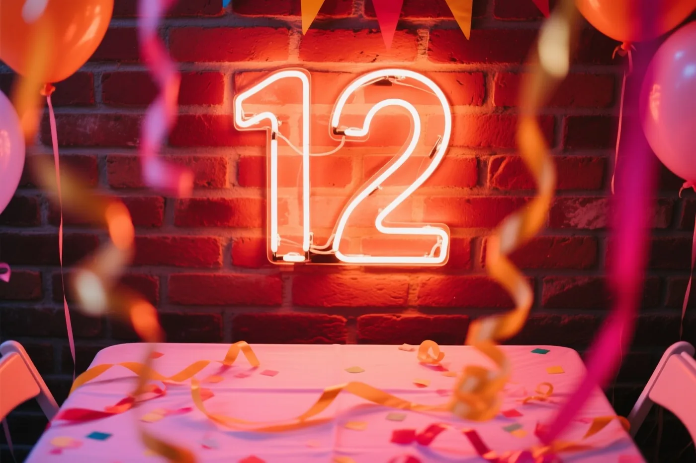 Een neongetal 12 geeft warm licht aan een rode bakstenen muur boven een feesttafel, tussen kleurrijke slingers en ballonnen.